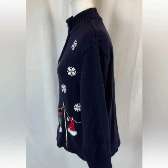 Crystal Kobe Blue Christmas Zip cardigan Sweater Santa's clothes snowflakes M - Picture 10 of 16